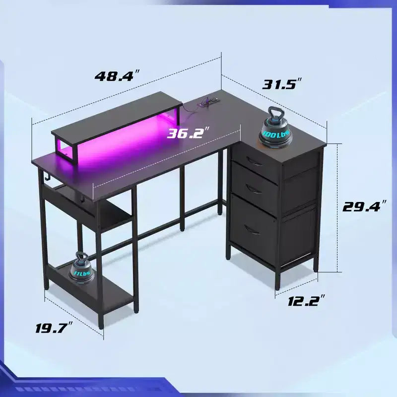 GALAXHERO 47-Inch L-Shaped Gaming Desk, Corner Computer Desk with Storage, Power Outlets & LED Lights, Office/Gaming Desk for Bedroom
