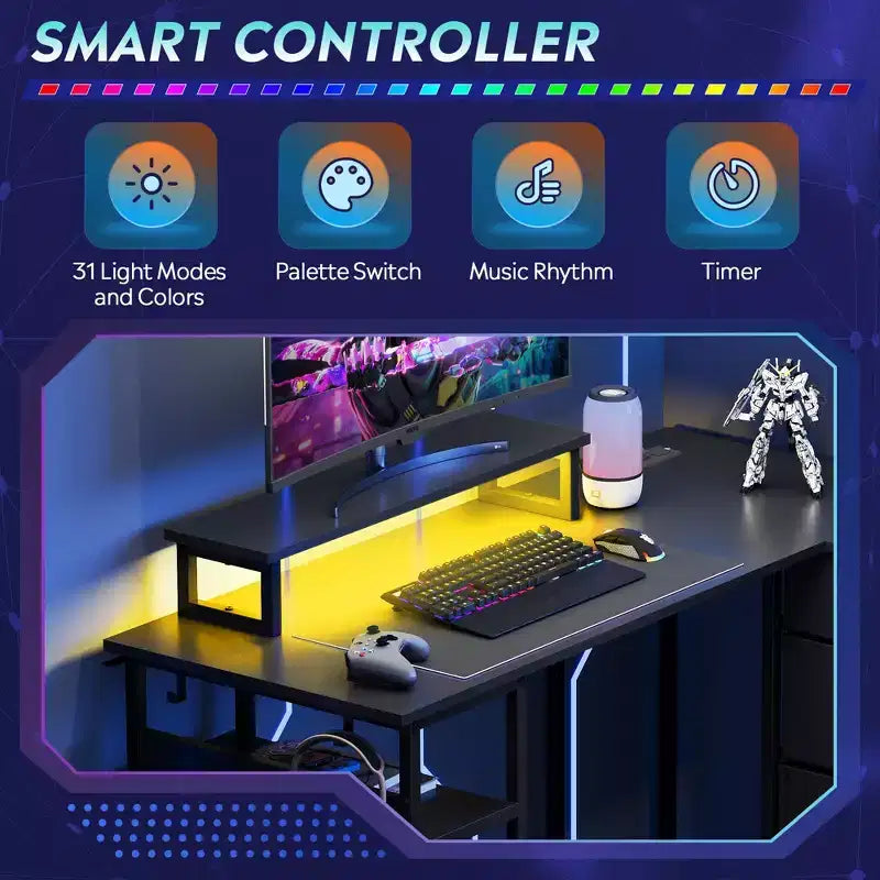 GALAXHERO 47-Inch L-Shaped Gaming Desk, Corner Computer Desk with Storage, Power Outlets & LED Lights, Office/Gaming Desk for Bedroom