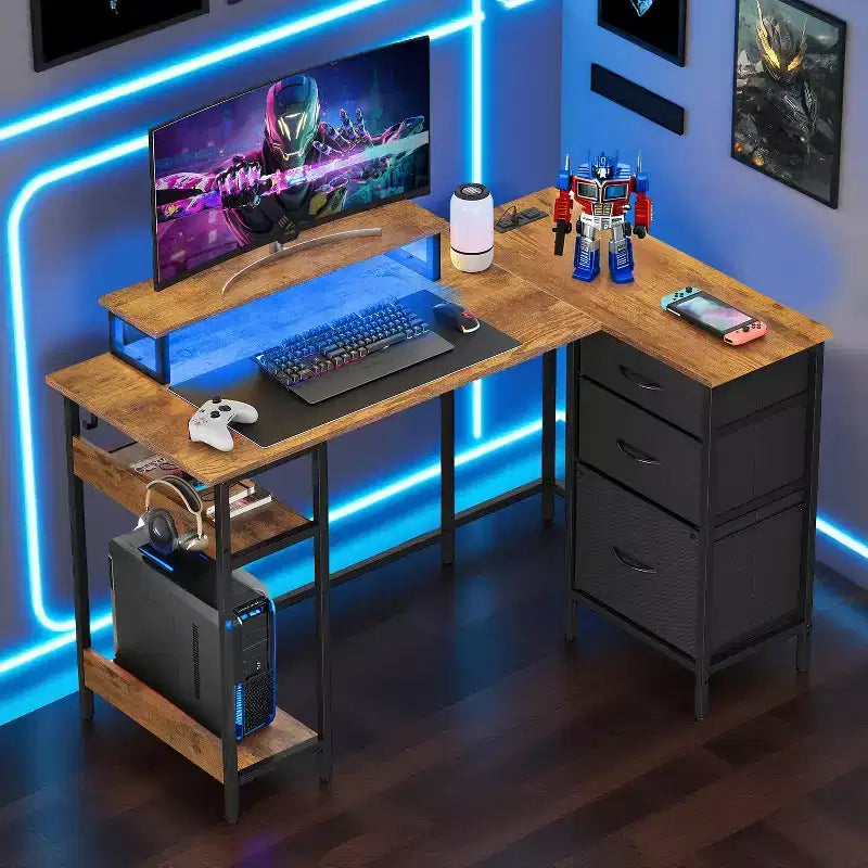 GALAXHERO 47-Inch L-Shaped Gaming Desk, Corner Computer Desk with Storage, Power Outlets & LED Lights, Office/Gaming Desk for Bedroom