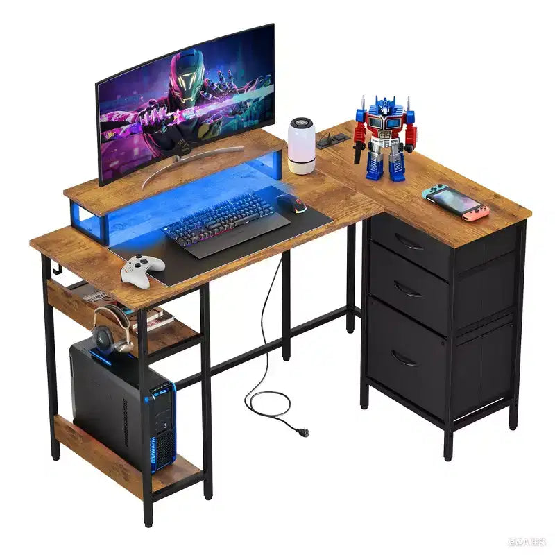 GALAXHERO 47-Inch L-Shaped Gaming Desk, Corner Computer Desk with Storage, Power Outlets & LED Lights, Office/Gaming Desk for Bedroom