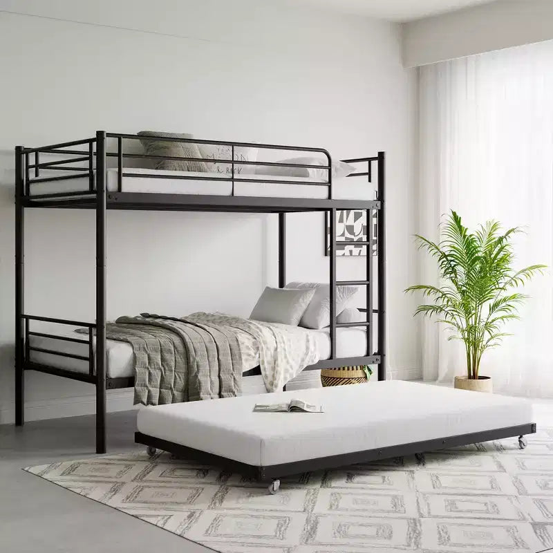 MAYEERTY Twin Size Black Metal Bunk Bed with Trundle Ladder Full Length Guardrail Noise Free No Box Spring Needed