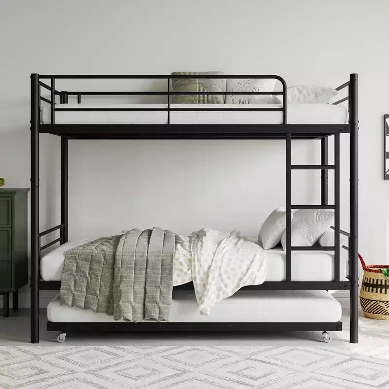 MAYEERTY Twin Size Black Metal Bunk Bed with Trundle Ladder Full Length Guardrail Noise Free No Box Spring Needed