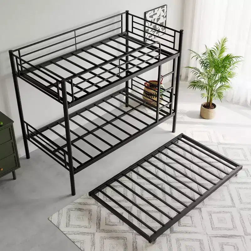 MAYEERTY Twin Size Black Metal Bunk Bed with Trundle Ladder Full Length Guardrail Noise Free No Box Spring Needed