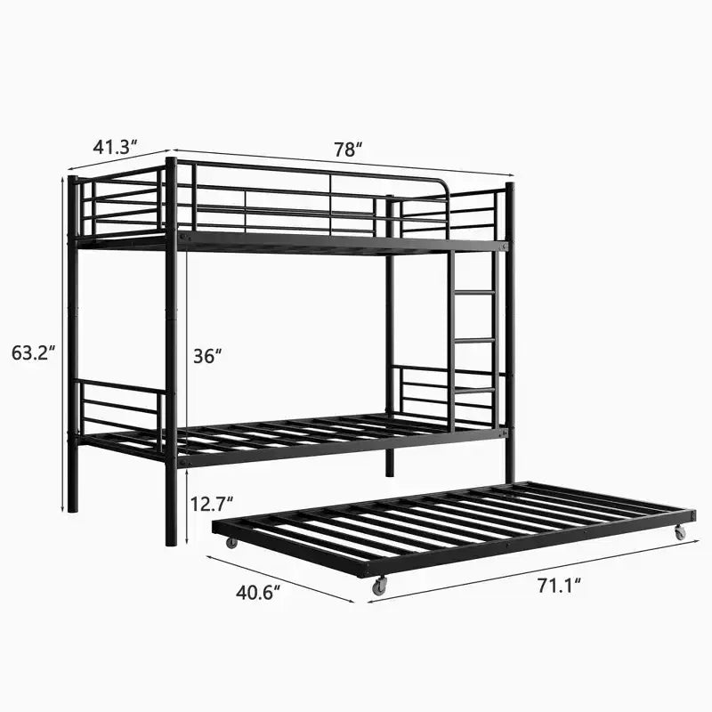 MAYEERTY Twin Size Black Metal Bunk Bed with Trundle Ladder Full Length Guardrail Noise Free No Box Spring Needed