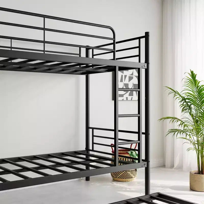 MAYEERTY Twin Size Black Metal Bunk Bed with Trundle Ladder Full Length Guardrail Noise Free No Box Spring Needed