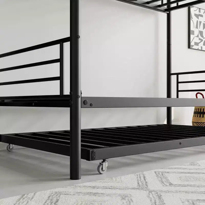 MAYEERTY Twin Size Black Metal Bunk Bed with Trundle Ladder Full Length Guardrail Noise Free No Box Spring Needed