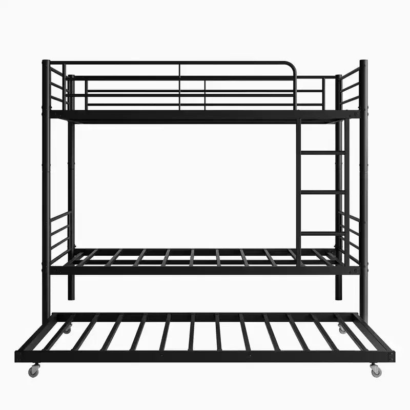 MAYEERTY Twin Size Black Metal Bunk Bed with Trundle Ladder Full Length Guardrail Noise Free No Box Spring Needed