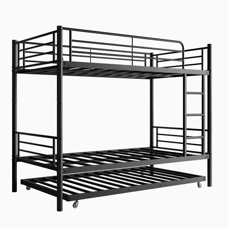 MAYEERTY Twin Size Black Metal Bunk Bed with Trundle Ladder Full Length Guardrail Noise Free No Box Spring Needed