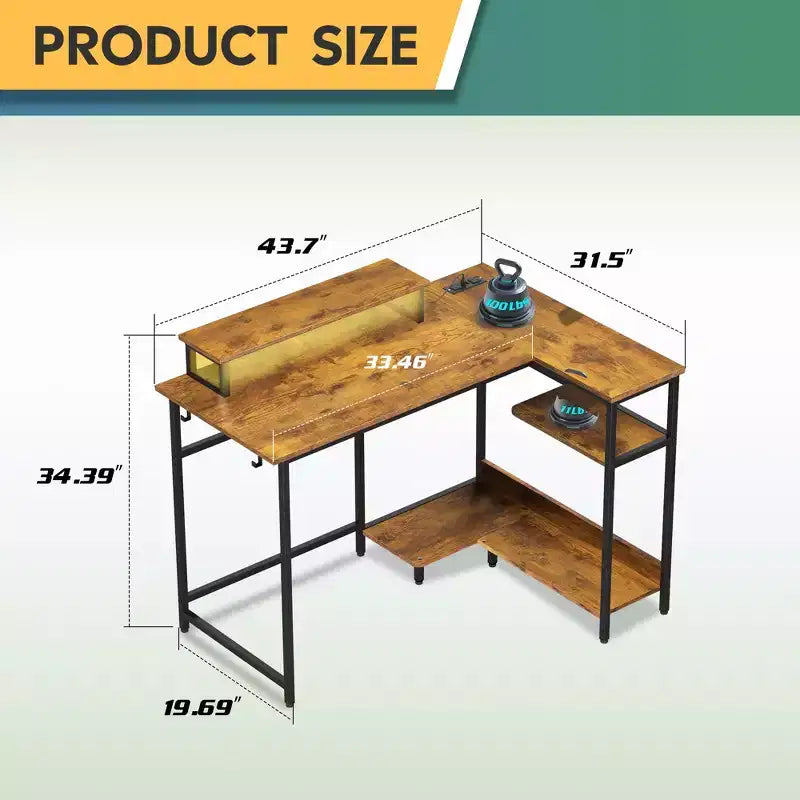 GALAXHERO 43-Inch Small L-Shaped Gaming Desk, Corner Computer Desk with Power Outlets, LED Lights & Monitor Stand, Office Desk for Bedroom