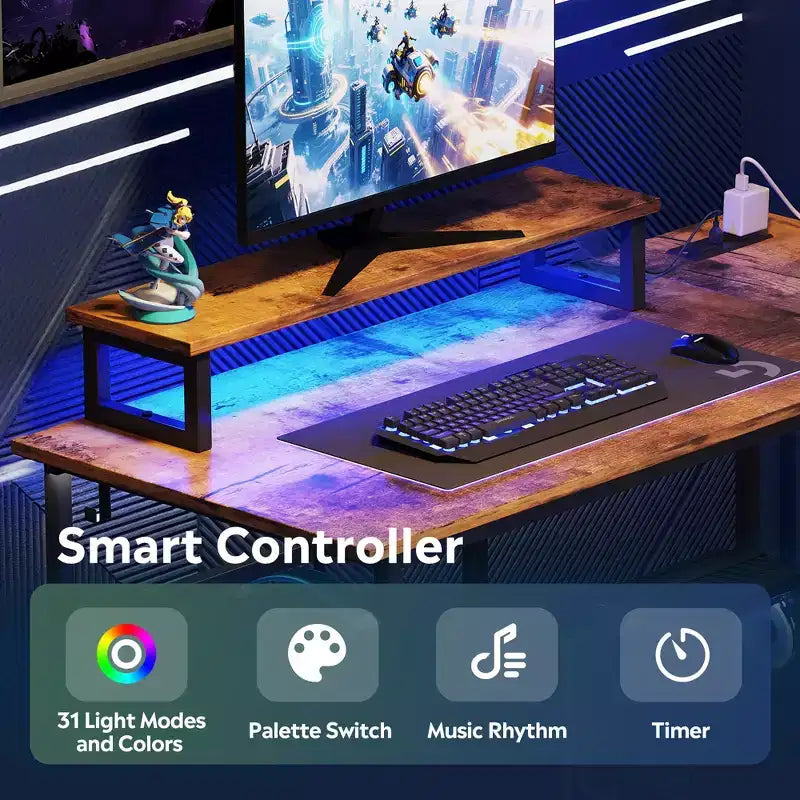 GALAXHERO 43-Inch Small L-Shaped Gaming Desk, Corner Computer Desk with Power Outlets, LED Lights & Monitor Stand, Office Desk for Bedroom