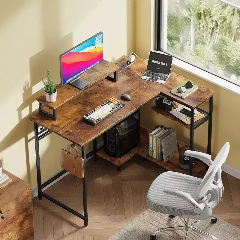 GALAXHERO 43-Inch Small L-Shaped Gaming Desk, Corner Computer Desk with Power Outlets, LED Lights & Monitor Stand, Office Desk for Bedroom
