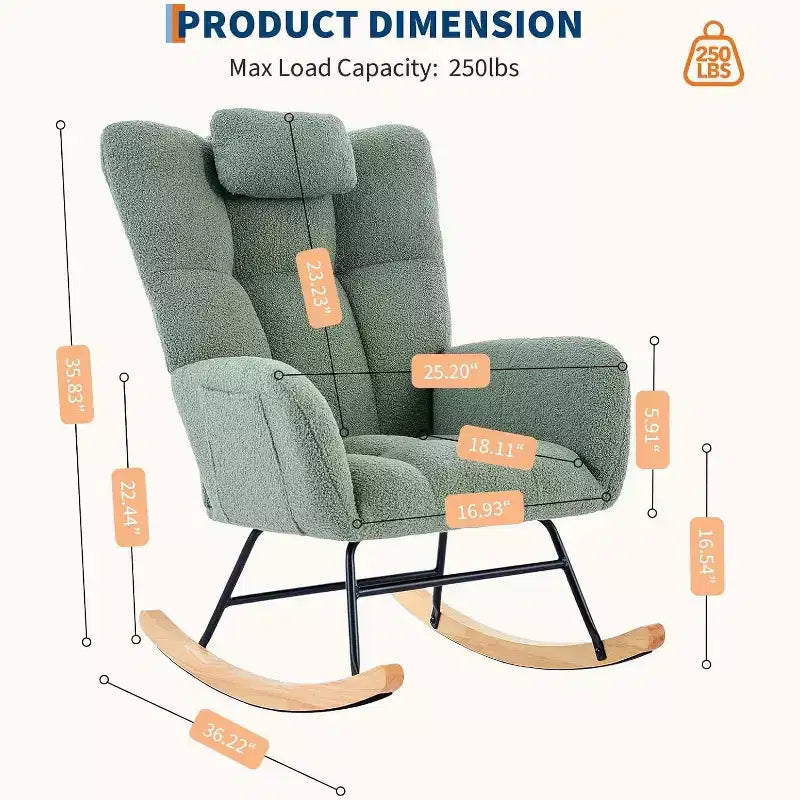 Rocking Chair Nursery Teddy with Pillow&High Backrest Armchair,Fabric Upholstered Accent Chair Nursing Chairs for Living Room, Bedroom