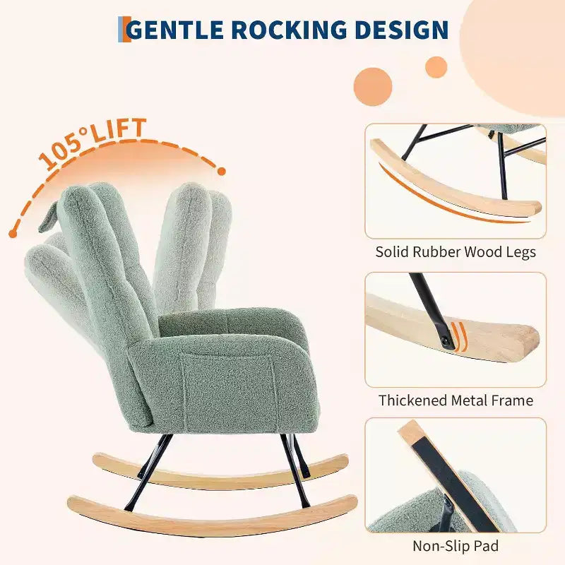 Rocking Chair Nursery Teddy with Pillow&High Backrest Armchair,Fabric Upholstered Accent Chair Nursing Chairs for Living Room, Bedroom