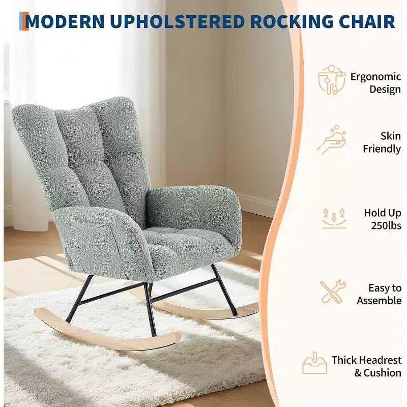 Rocking Chair Nursery Teddy with Pillow&High Backrest Armchair,Fabric Upholstered Accent Chair Nursing Chairs for Living Room, Bedroom