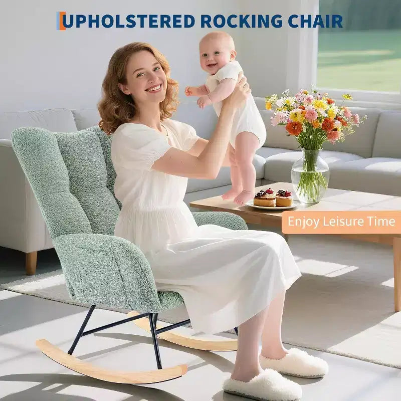 Rocking Chair Nursery Teddy with Pillow&High Backrest Armchair,Fabric Upholstered Accent Chair Nursing Chairs for Living Room, Bedroom