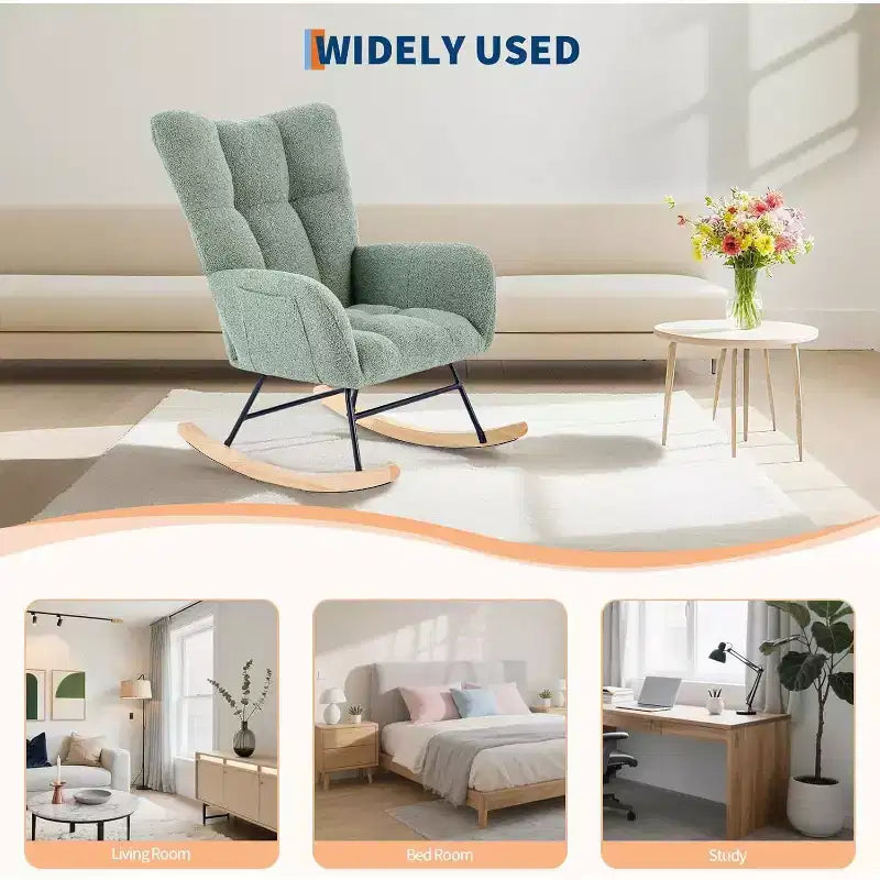 Rocking Chair Nursery Teddy with Pillow&High Backrest Armchair,Fabric Upholstered Accent Chair Nursing Chairs for Living Room, Bedroom