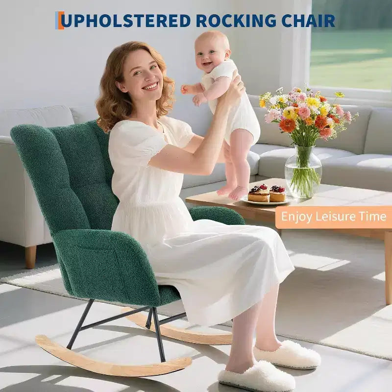 Rocking Chair Nursery Teddy with Pillow&High Backrest Armchair,Fabric Upholstered Accent Chair Nursing Chairs for Living Room, Bedroom