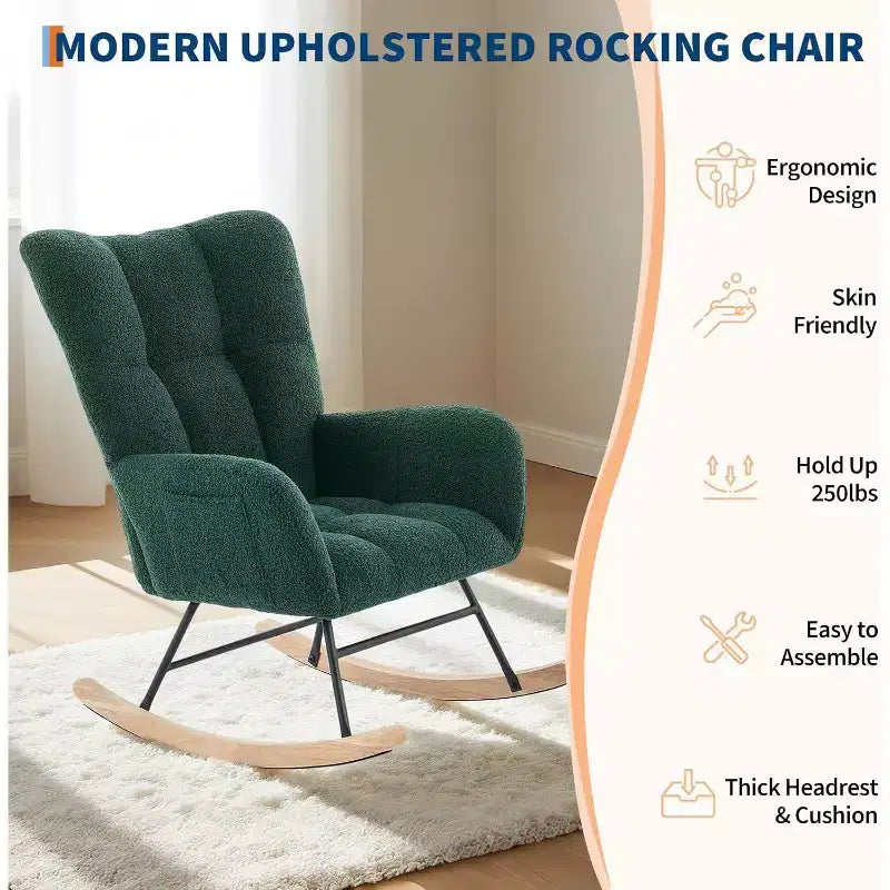 Rocking Chair Nursery Teddy with Pillow&High Backrest Armchair,Fabric Upholstered Accent Chair Nursing Chairs for Living Room, Bedroom