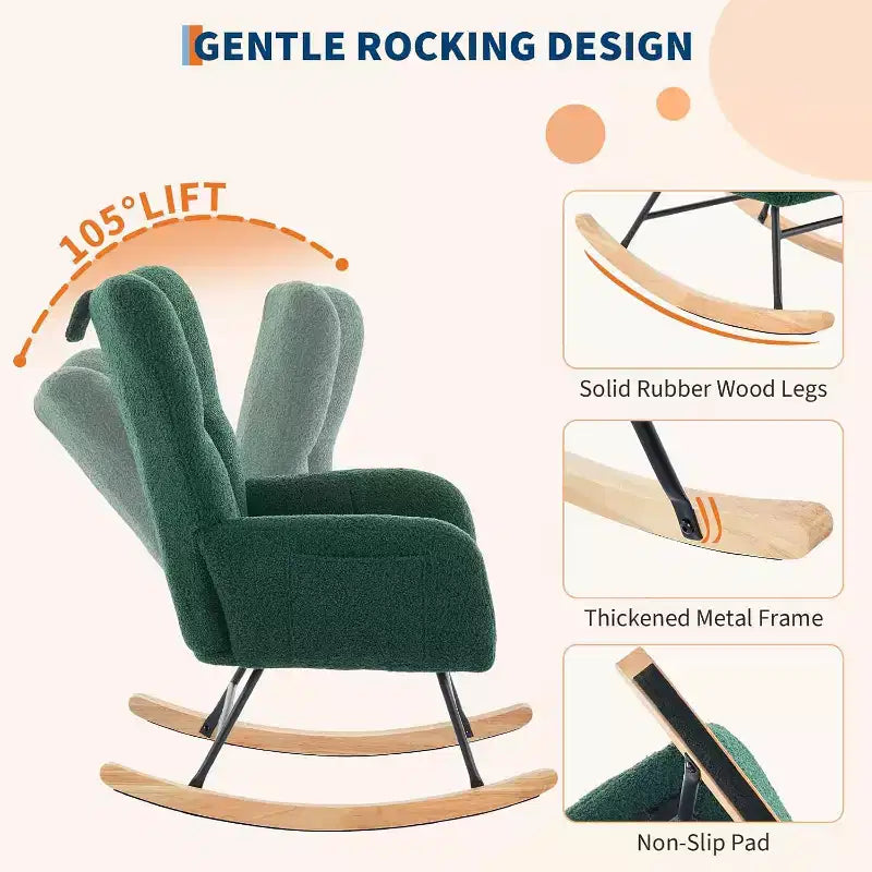 Rocking Chair Nursery Teddy with Pillow&High Backrest Armchair,Fabric Upholstered Accent Chair Nursing Chairs for Living Room, Bedroom