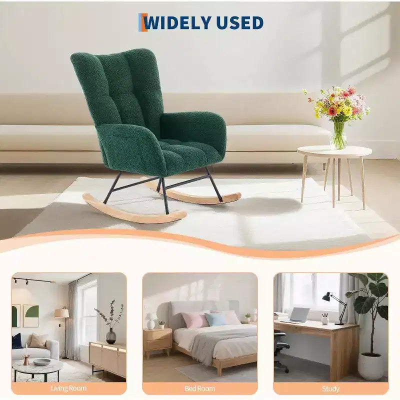 Rocking Chair Nursery Teddy with Pillow&High Backrest Armchair,Fabric Upholstered Accent Chair Nursing Chairs for Living Room, Bedroom