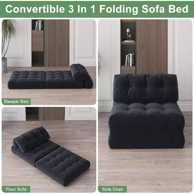 Folding Sofa Bed, Floor Folding Couch for Living Room, Convertible Sleeper Chair with Pillow Foldable Mattress Back Support, Beige