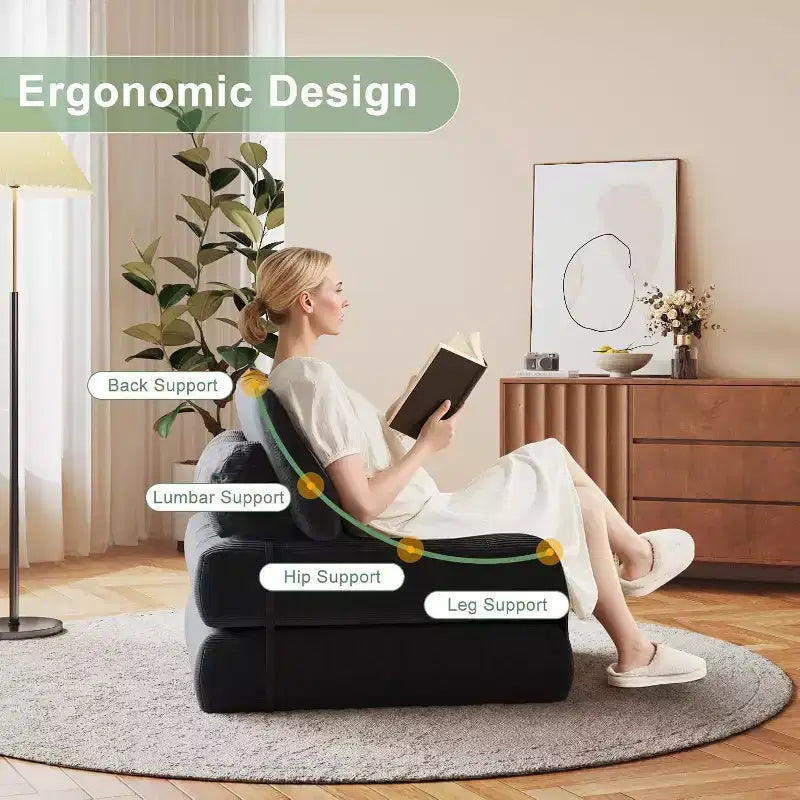 Folding Sofa Bed, Floor Folding Couch for Living Room, Convertible Sleeper Chair with Pillow Foldable Mattress Back Support, Beige