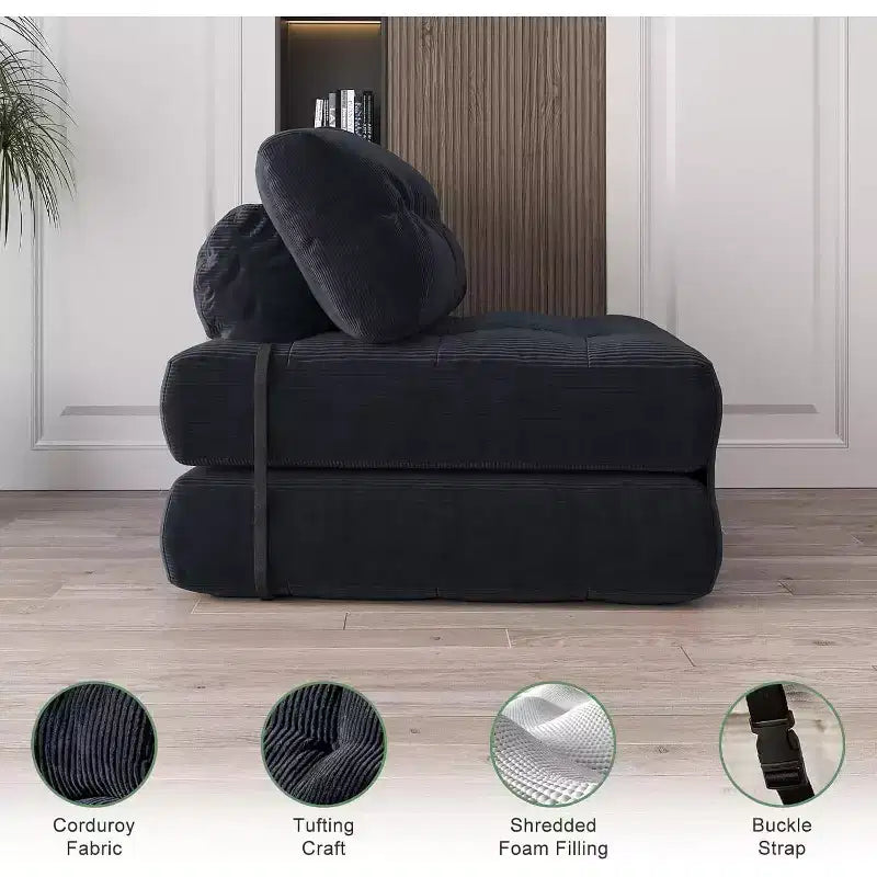 Folding Sofa Bed, Floor Folding Couch for Living Room, Convertible Sleeper Chair with Pillow Foldable Mattress Back Support, Beige