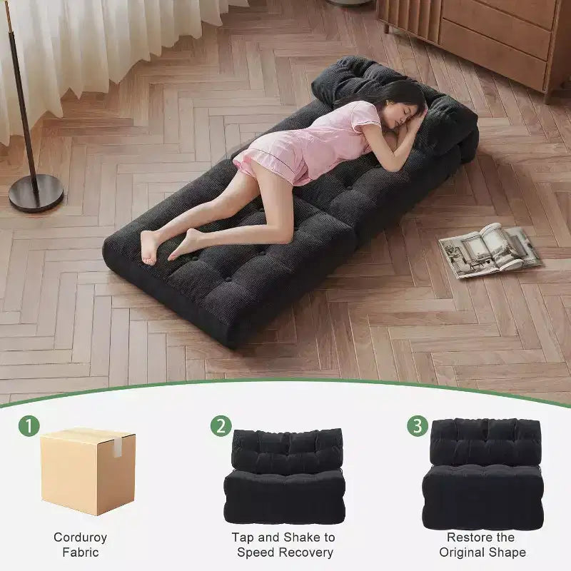 Folding Sofa Bed, Floor Folding Couch for Living Room, Convertible Sleeper Chair with Pillow Foldable Mattress Back Support, Beige