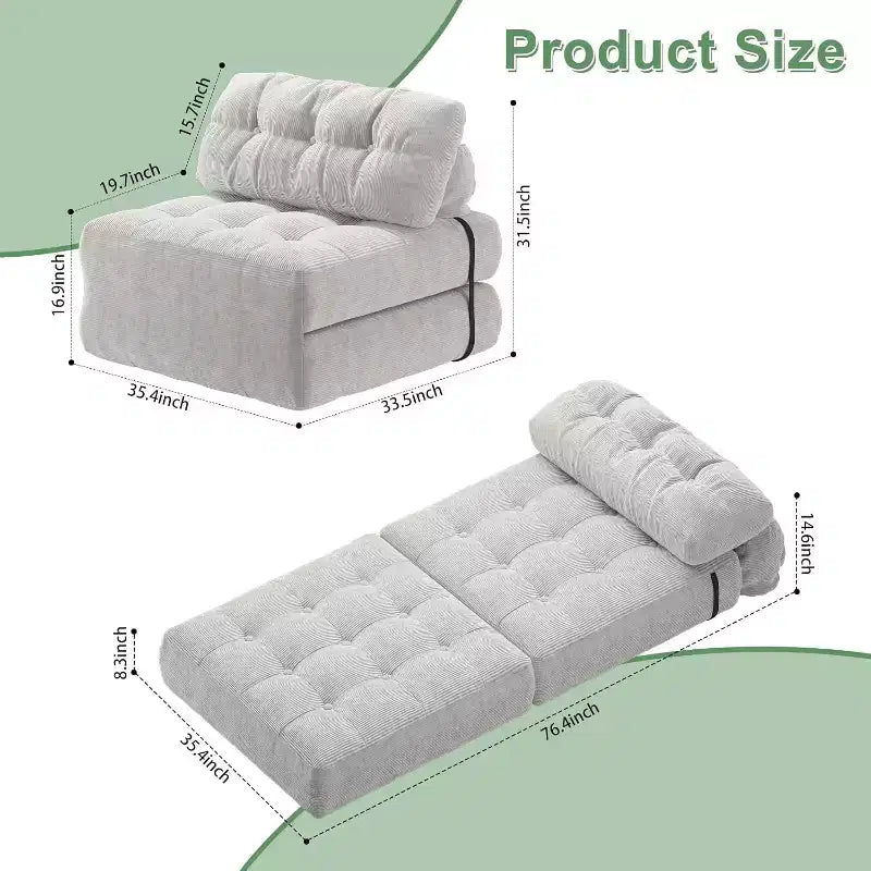 Folding Sofa Bed, Floor Folding Couch for Living Room, Convertible Sleeper Chair with Pillow Foldable Mattress Back Support, Beige