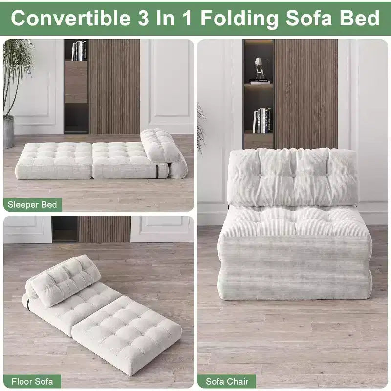 Folding Sofa Bed, Floor Folding Couch for Living Room, Convertible Sleeper Chair with Pillow Foldable Mattress Back Support, Beige