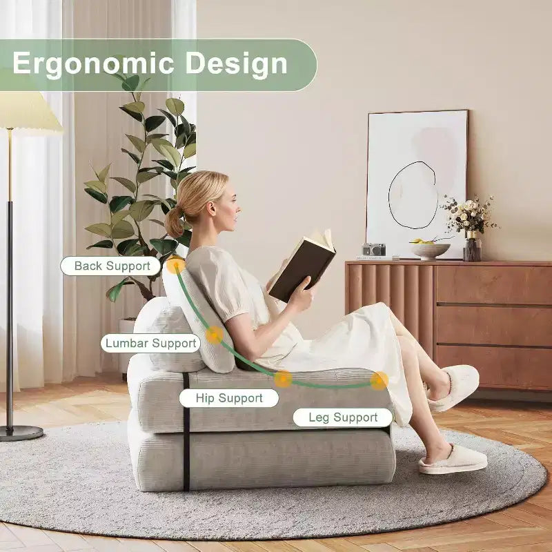 Folding Sofa Bed, Floor Folding Couch for Living Room, Convertible Sleeper Chair with Pillow Foldable Mattress Back Support, Beige