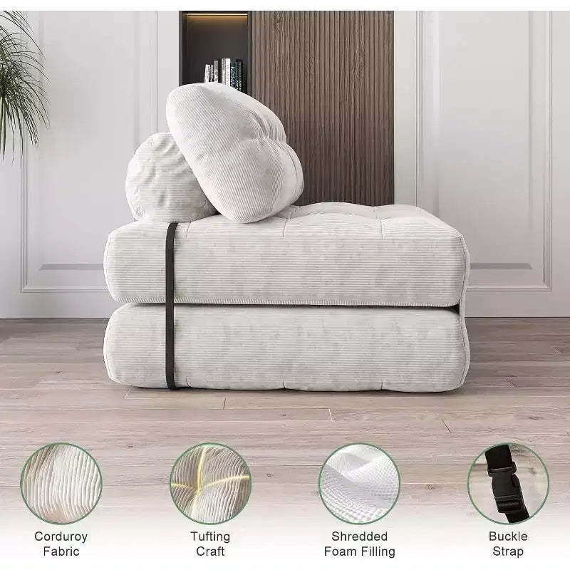 Folding Sofa Bed, Floor Folding Couch for Living Room, Convertible Sleeper Chair with Pillow Foldable Mattress Back Support, Beige