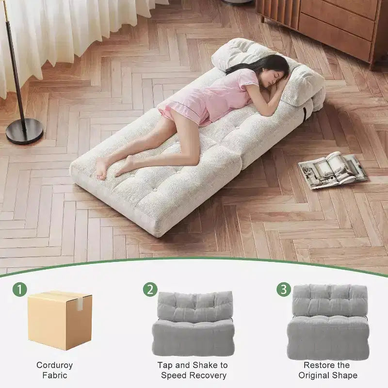 Folding Sofa Bed, Floor Folding Couch for Living Room, Convertible Sleeper Chair with Pillow Foldable Mattress Back Support, Beige