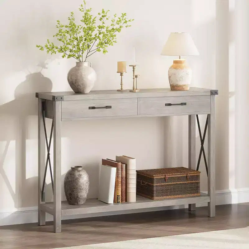 COZONY 43 Farmhouse Console Table with 2 Drawers & 2-Tier Storage Shelf  Narrow Wood Entryway & Sofa Table for Hallway & Living Room