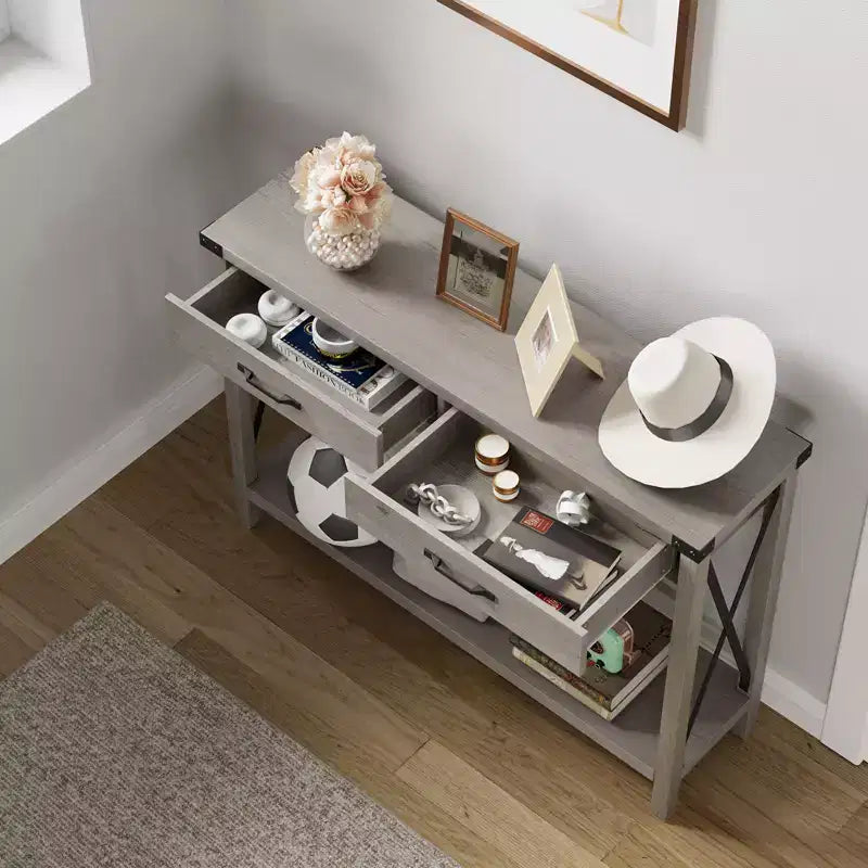 COZONY 43 Farmhouse Console Table with 2 Drawers & 2-Tier Storage Shelf  Narrow Wood Entryway & Sofa Table for Hallway & Living Room