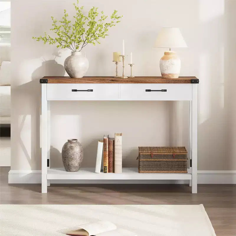 COZONY 43 Farmhouse Console Table with 2 Drawers & 2-Tier Storage Shelf  Narrow Wood Entryway & Sofa Table for Hallway & Living Room