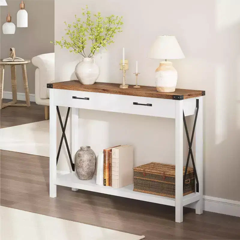 COZONY 43 Farmhouse Console Table with 2 Drawers & 2-Tier Storage Shelf  Narrow Wood Entryway & Sofa Table for Hallway & Living Room