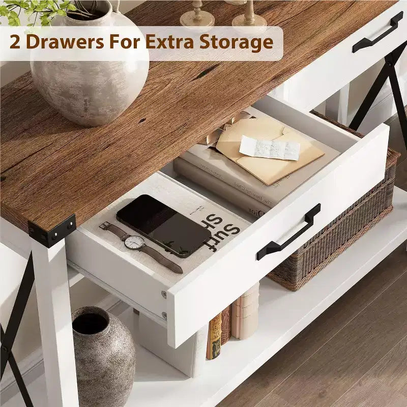 COZONY 43 Farmhouse Console Table with 2 Drawers & 2-Tier Storage Shelf  Narrow Wood Entryway & Sofa Table for Hallway & Living Room