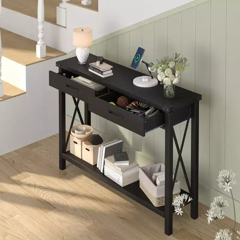 COZONY 43 Farmhouse Console Table with 2 Drawers & 2-Tier Storage Shelf  Narrow Wood Entryway & Sofa Table for Hallway & Living Room