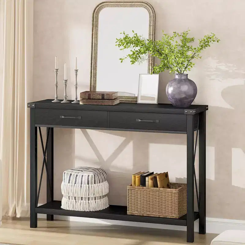 COZONY 43 Farmhouse Console Table with 2 Drawers & 2-Tier Storage Shelf  Narrow Wood Entryway & Sofa Table for Hallway & Living Room