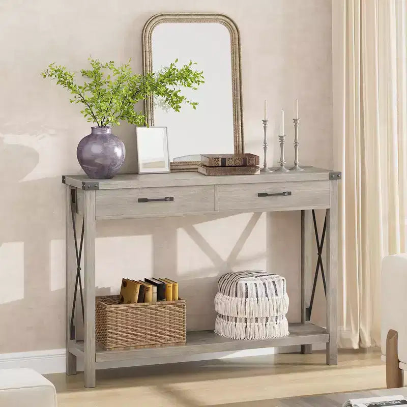 COZONY 43 Farmhouse Console Table with 2 Drawers & 2-Tier Storage Shelf  Narrow Wood Entryway & Sofa Table for Hallway & Living Room