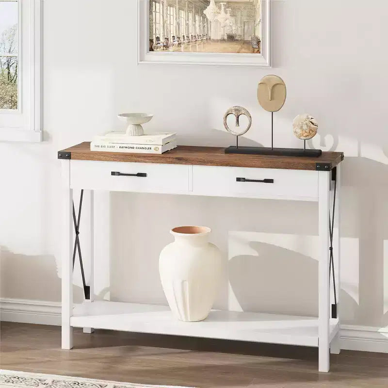 COZONY 43 Farmhouse Console Table with 2 Drawers & 2-Tier Storage Shelf  Narrow Wood Entryway & Sofa Table for Hallway & Living Room