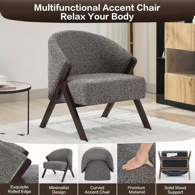 Mid-Century Modern Accent Chair with Boucle Upholstery, Low Profile Lounge Chair for Living Room, Bedroom, Comfortable Reading Chair with Wood Frame