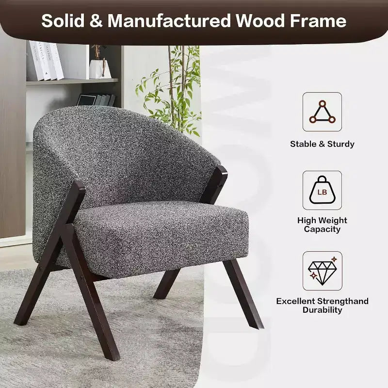 Mid-Century Modern Accent Chair with Boucle Upholstery, Low Profile Lounge Chair for Living Room, Bedroom, Comfortable Reading Chair with Wood Frame