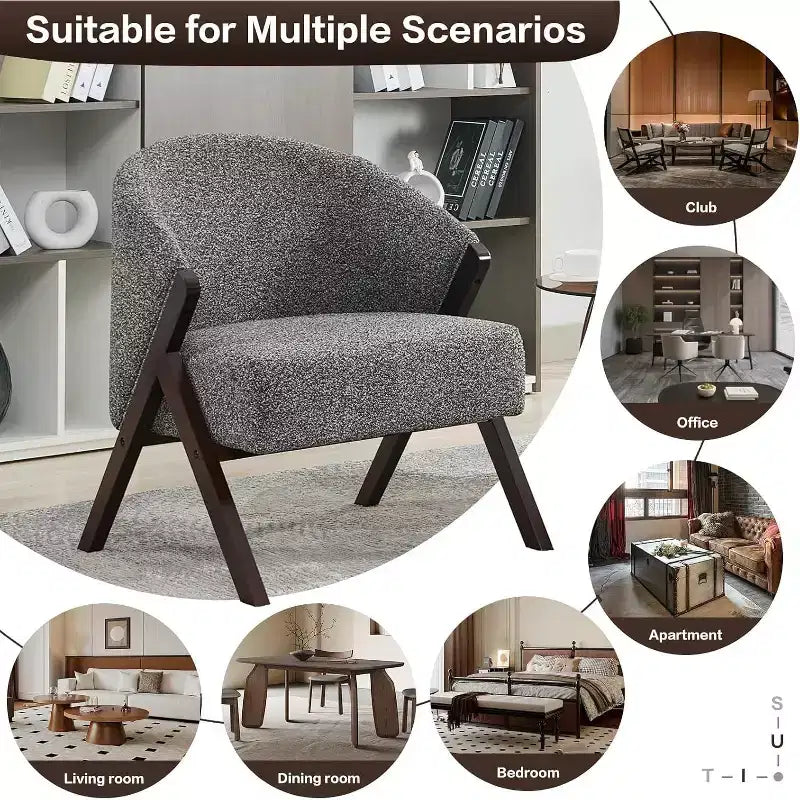 Mid-Century Modern Accent Chair with Boucle Upholstery, Low Profile Lounge Chair for Living Room, Bedroom, Comfortable Reading Chair with Wood Frame