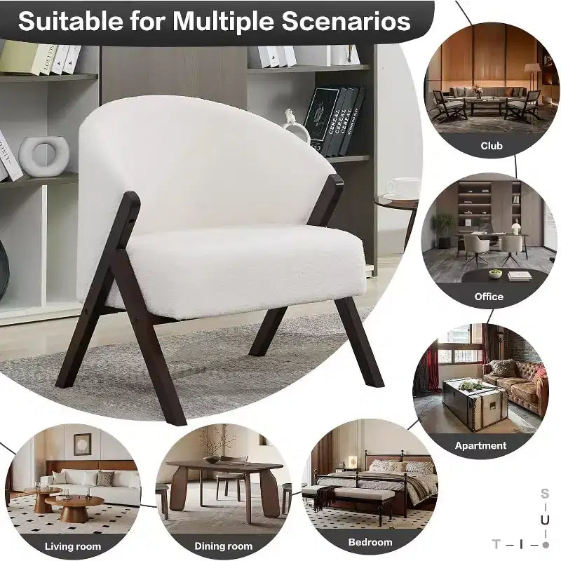 Mid-Century Modern Accent Chair with Boucle Upholstery, Low Profile Lounge Chair for Living Room, Bedroom, Comfortable Reading Chair with Wood Frame