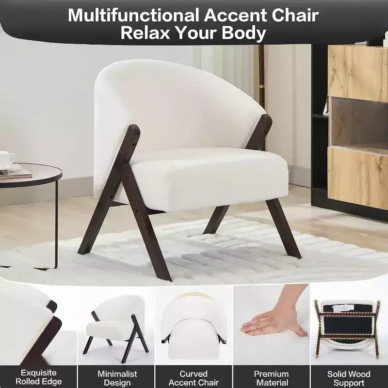 Mid-Century Modern Accent Chair with Boucle Upholstery, Low Profile Lounge Chair for Living Room, Bedroom, Comfortable Reading Chair with Wood Frame