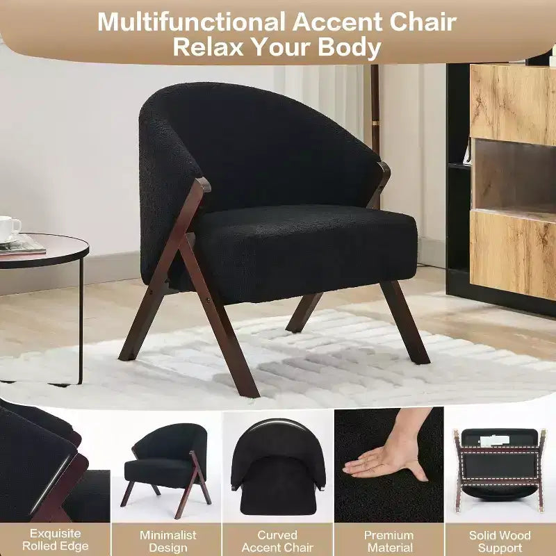 Mid-Century Modern Accent Chair with Boucle Upholstery, Low Profile Lounge Chair for Living Room, Bedroom, Comfortable Reading Chair with Wood Frame