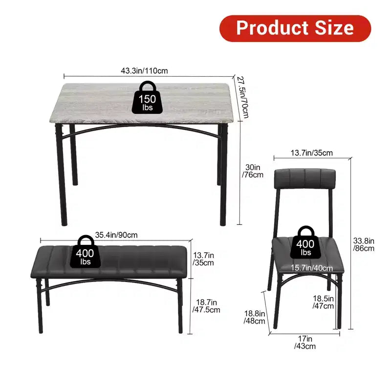 4-Piece Kitchen Dining Set with Table, Bench & 2 Chairs, Modern Space-Saving Dinette Set