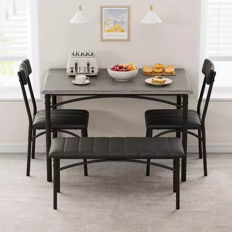 4-Piece Kitchen Dining Set with Table, Bench & 2 Chairs, Modern Space-Saving Dinette Set